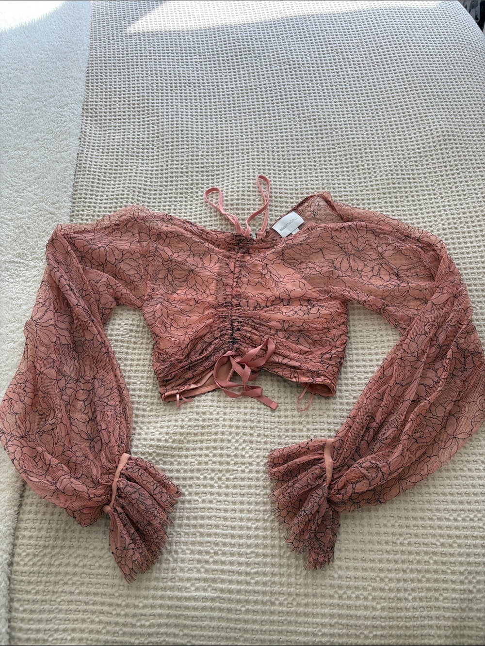 Alice McCall Dusty Rose Lace Ruched Tie-Front Crop Top
